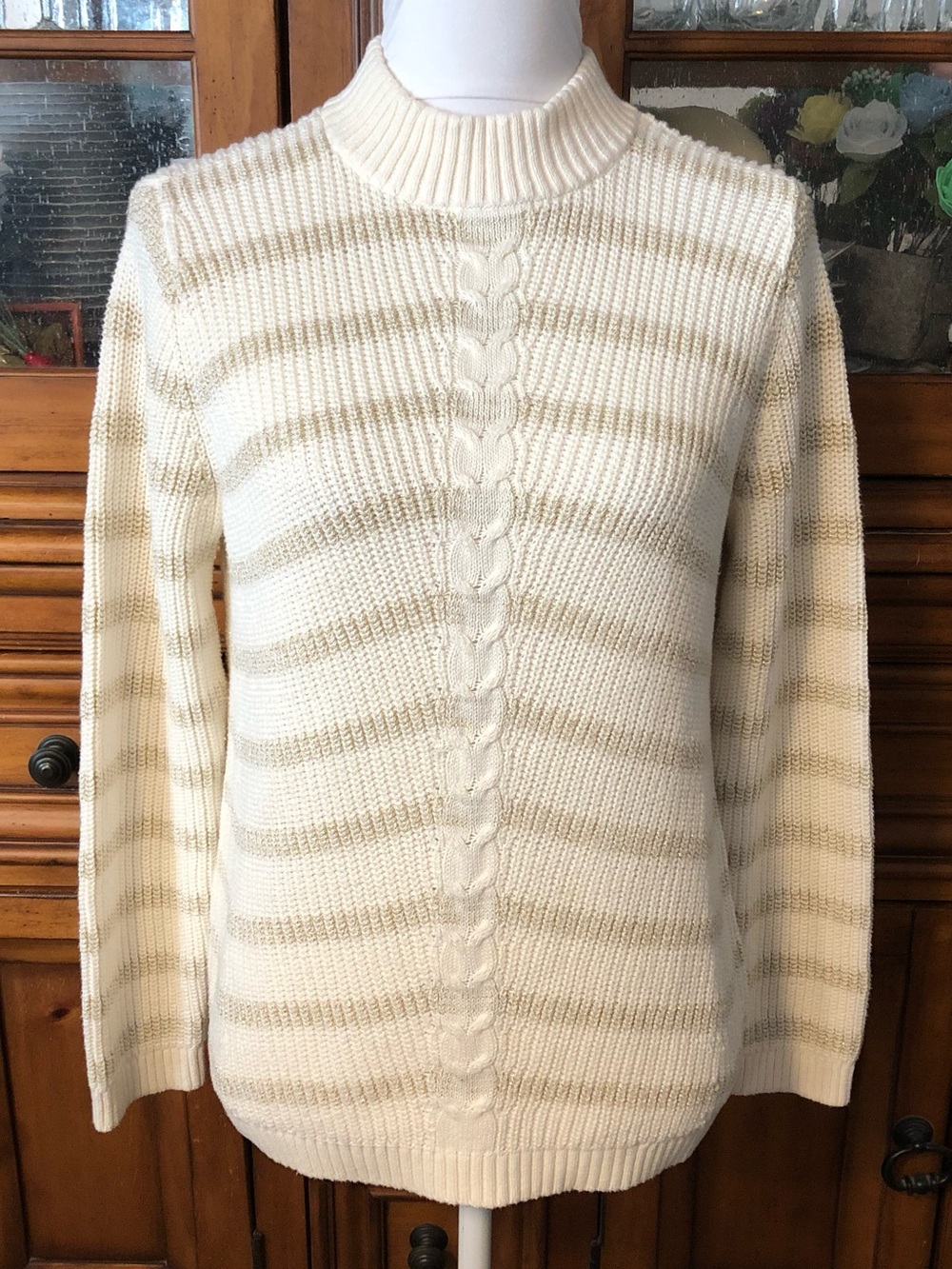 EUC Talbots Cream Cable-Front Striped Women’s Sweater